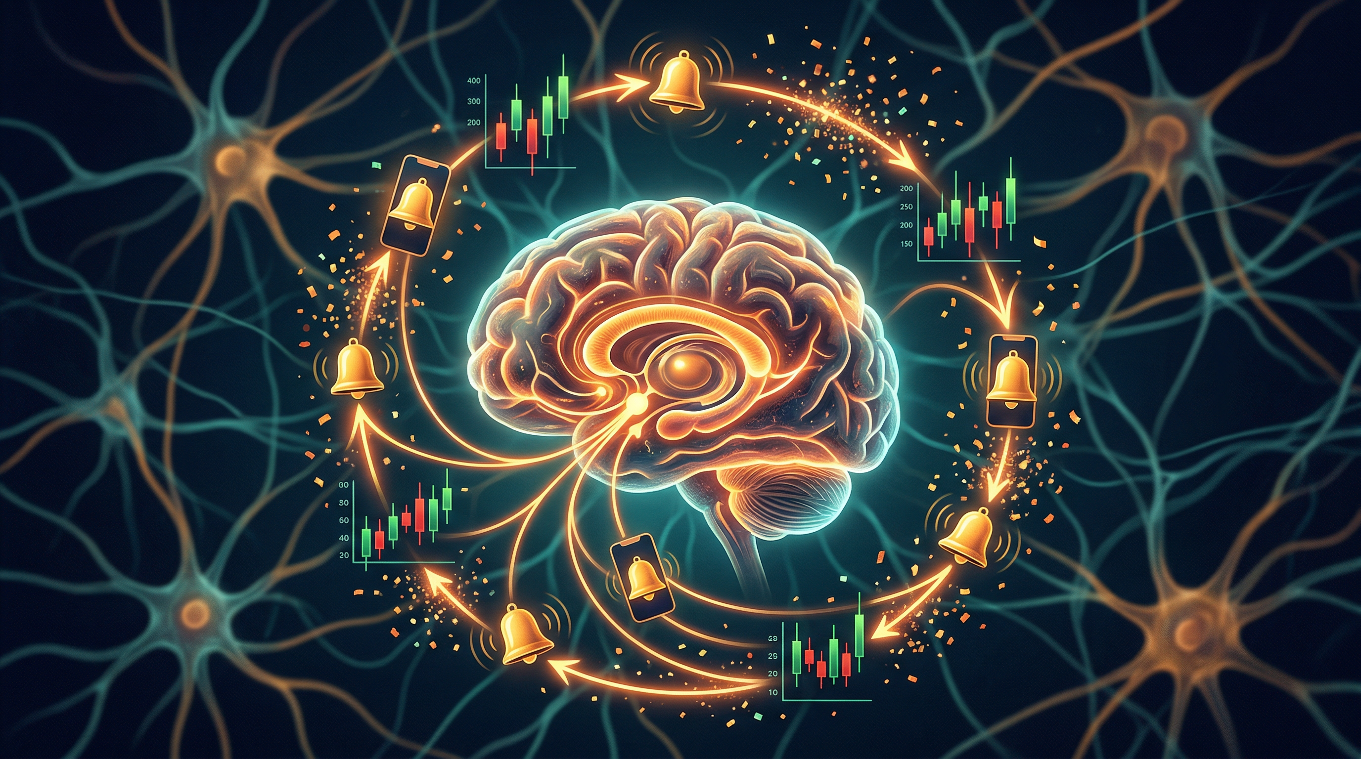 Abstract visualization of dopamine reward pathways and trading app gamification elements — amber circuits on midnight blue