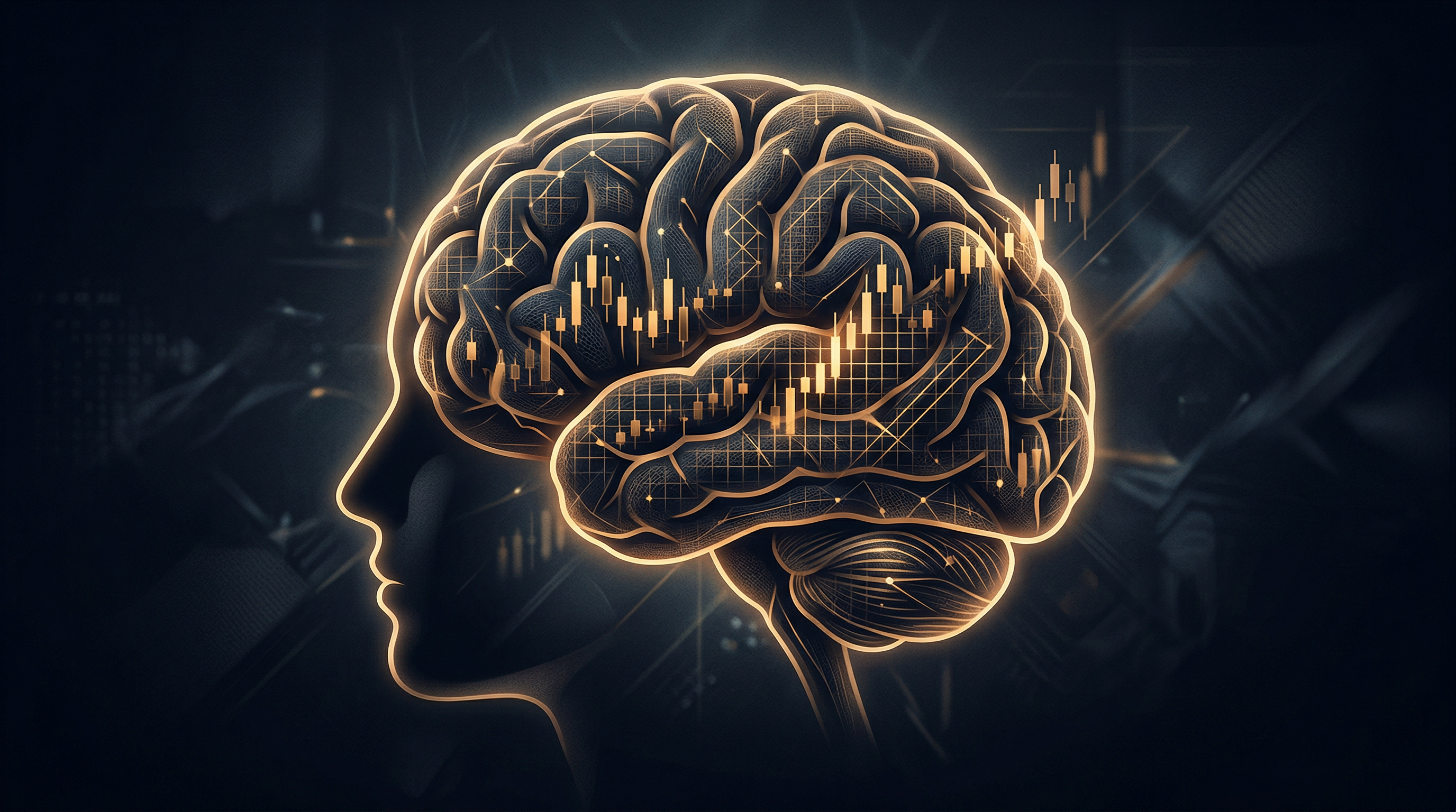 Abstract visualization of a brain with calibration lines and market candlesticks in amber and midnight blue