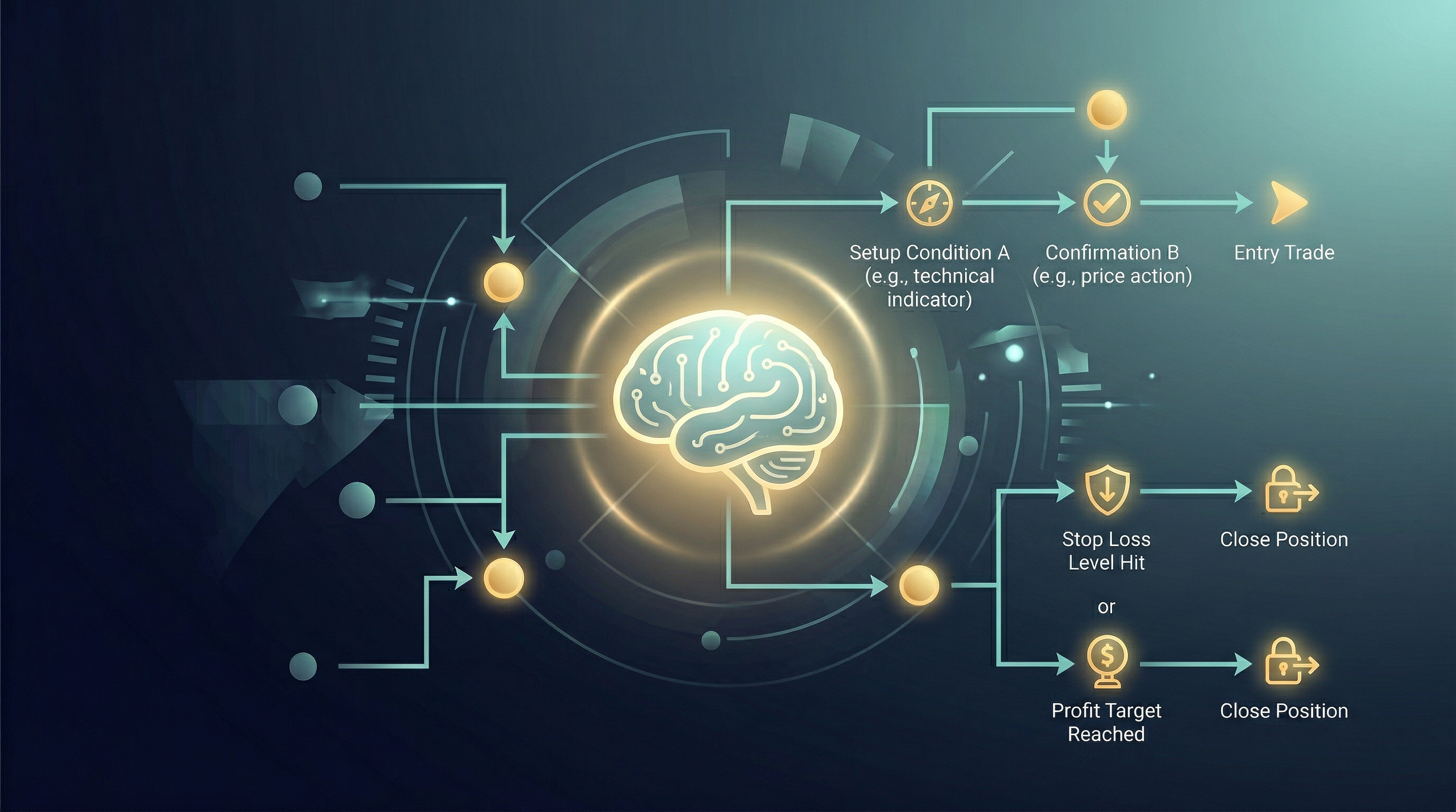 Abstract visualization of if-then planning pathways in a trading brain — amber and midnight blue