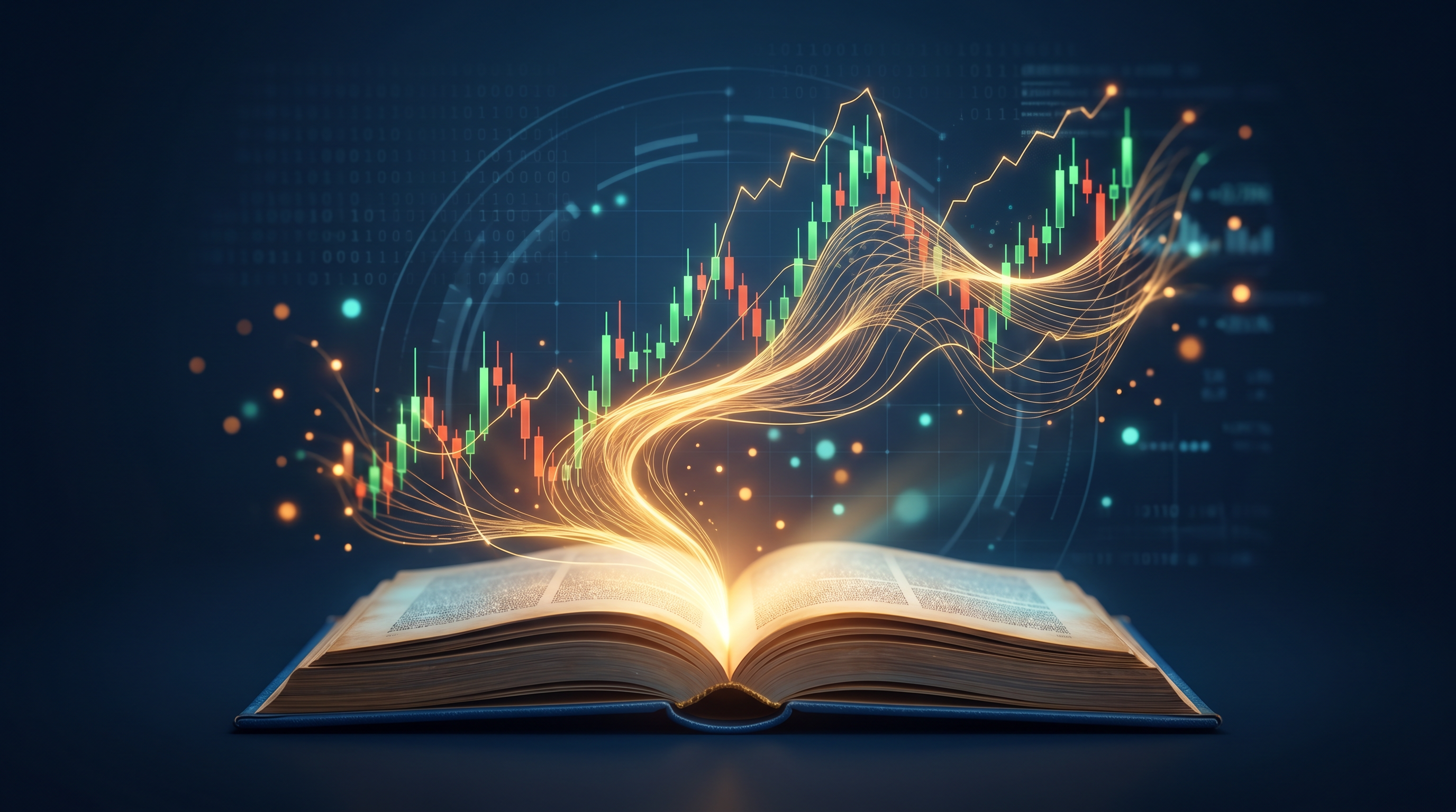 Abstract visualization of narrative fallacy in trading — geometric story threads weaving through market charts