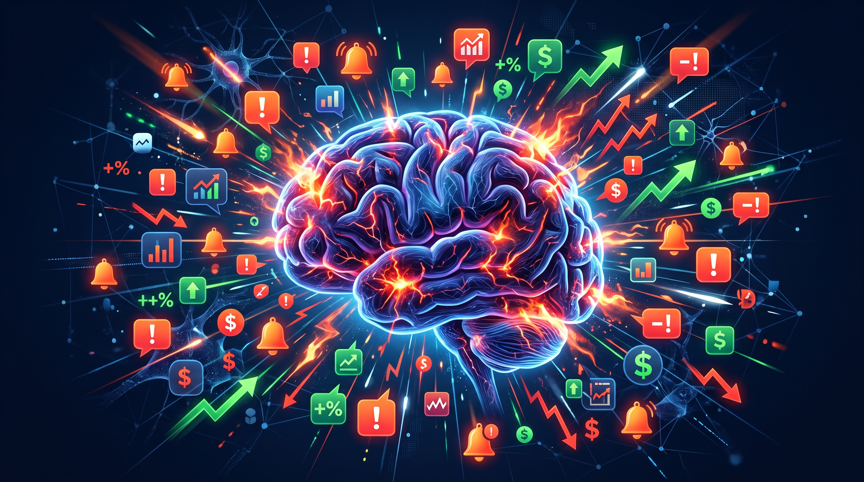 Abstract visualization of notification overload in trading — cascading alert icons overwhelming a trader's field of view