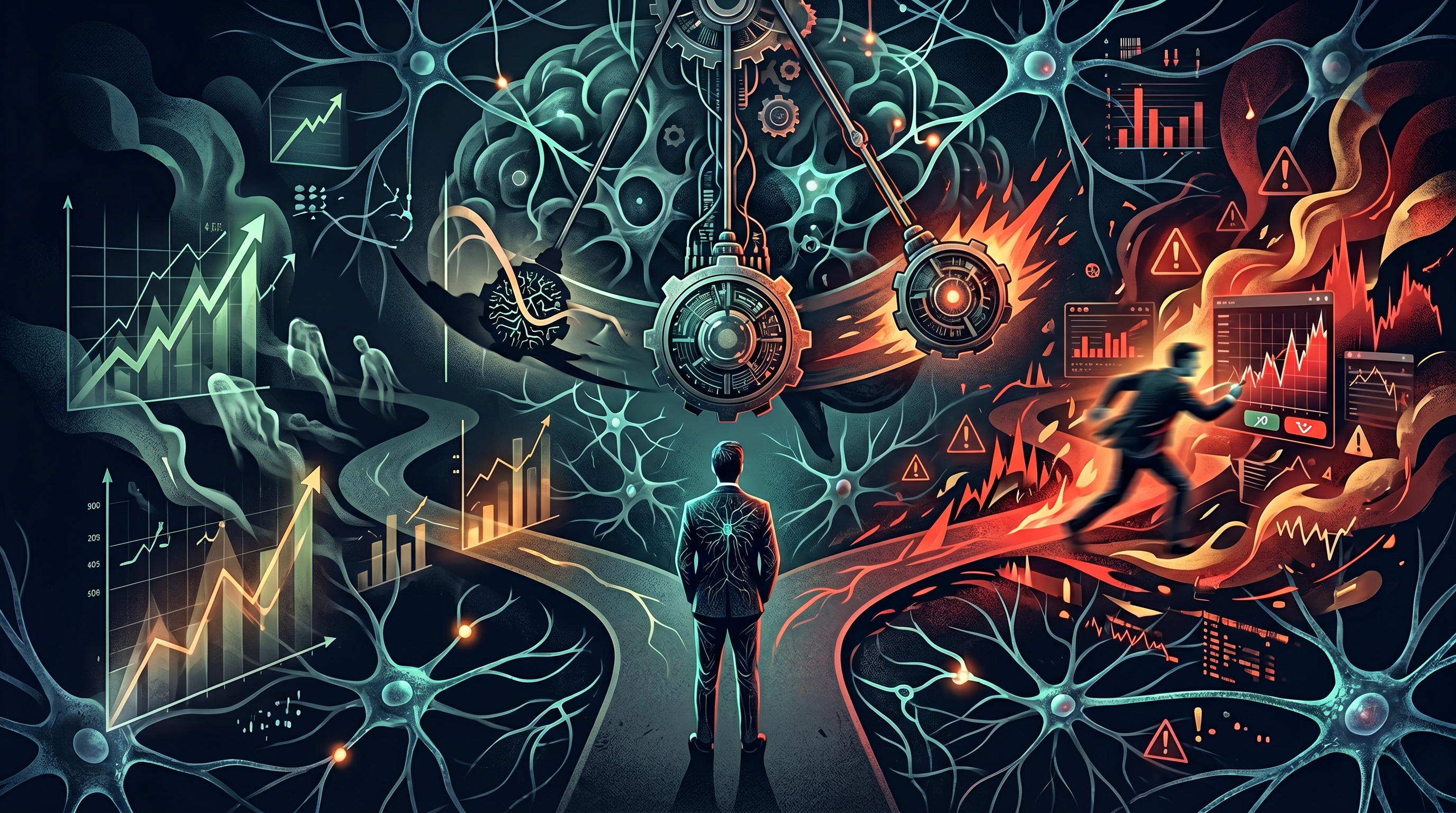 Abstract visualization of regret aversion and FOMO cycles in trading — neural pathways and market chart patterns on dark background